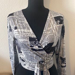 Newspaper print wrap top, cropped depending on chest size, size;m, long sleeve